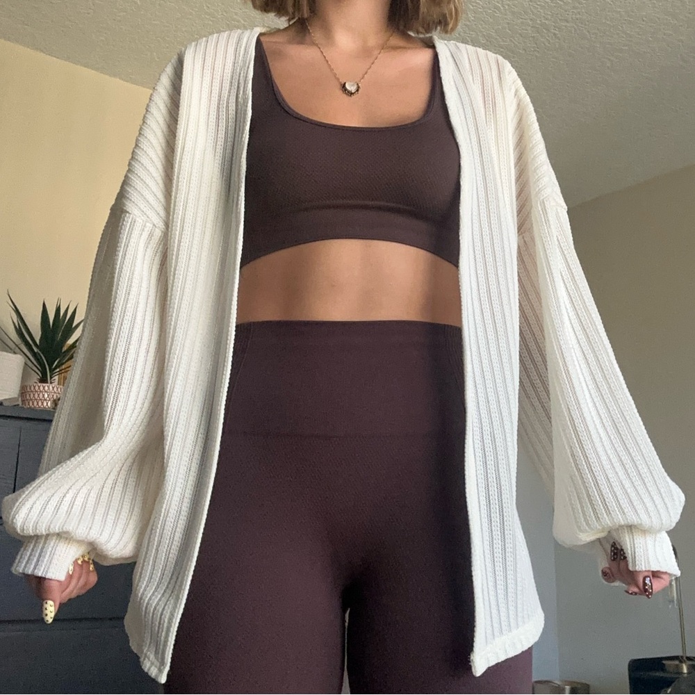 SHEIN Cream Ribbed Knit Open Front Cardigan Balloon Sleeve Size M